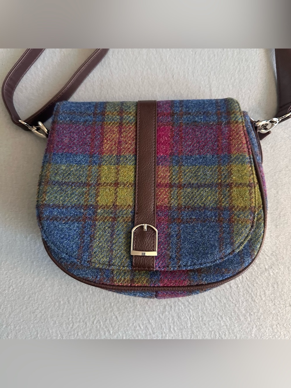 Glen Appin Harris Tweed Beauly Shoulder Bag Blue Purple Tartan Plaid Wool